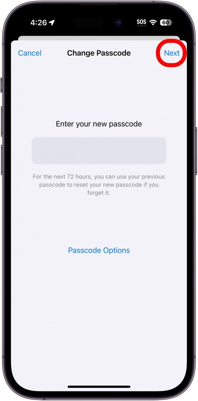 iphone change passcode screen with next button circled in red