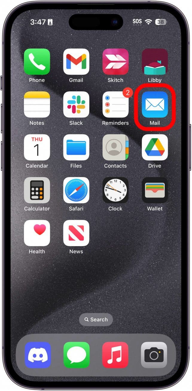 iphone home screen with mail app circled in red