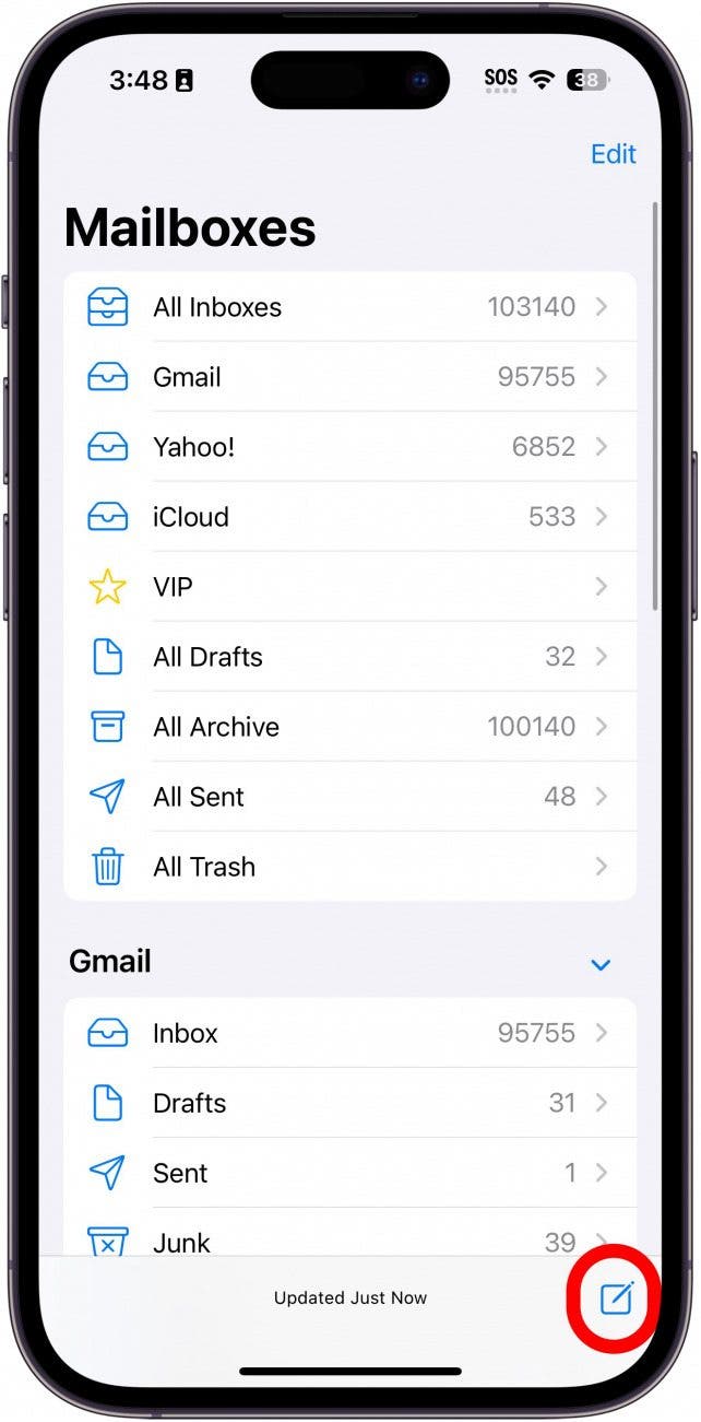 iphone mail app with compose message button circled in red