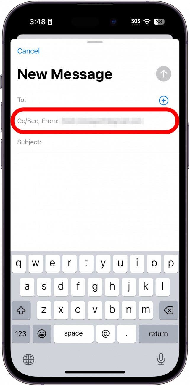 iphone mail app with cc/bcc/to field circled in red
