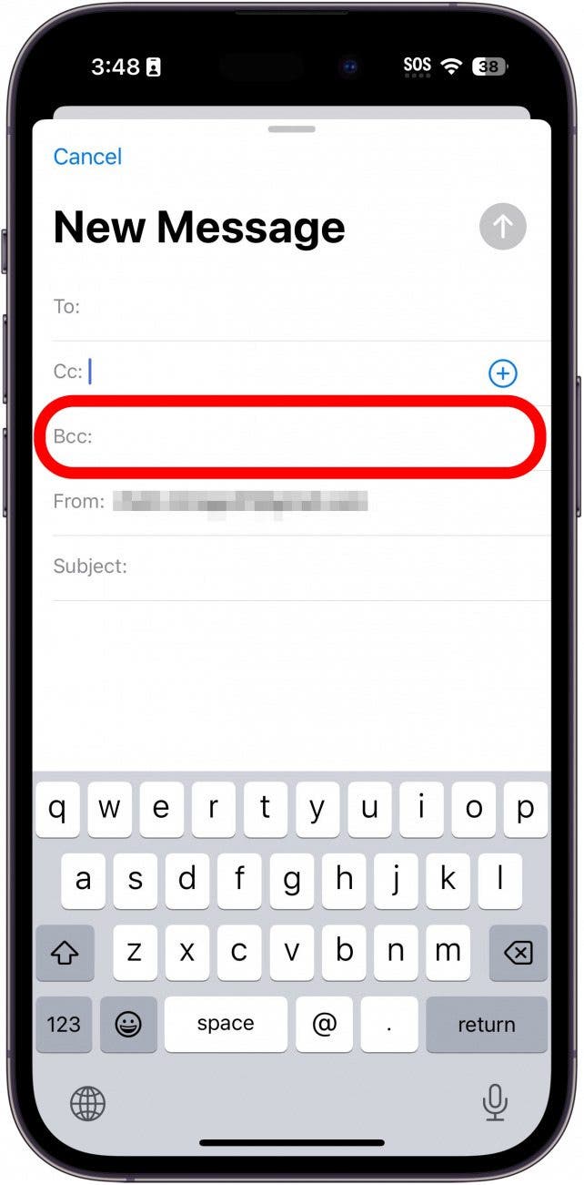 iphone mail app with bcc field circled in red