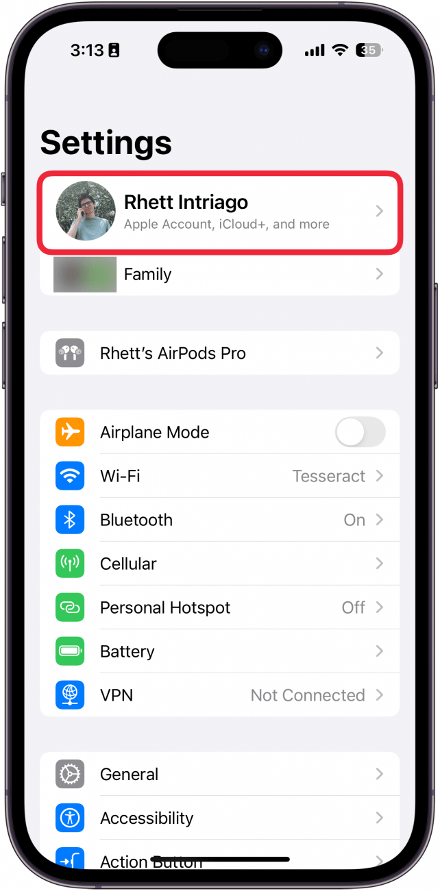 iphone settings with a red box around apple id