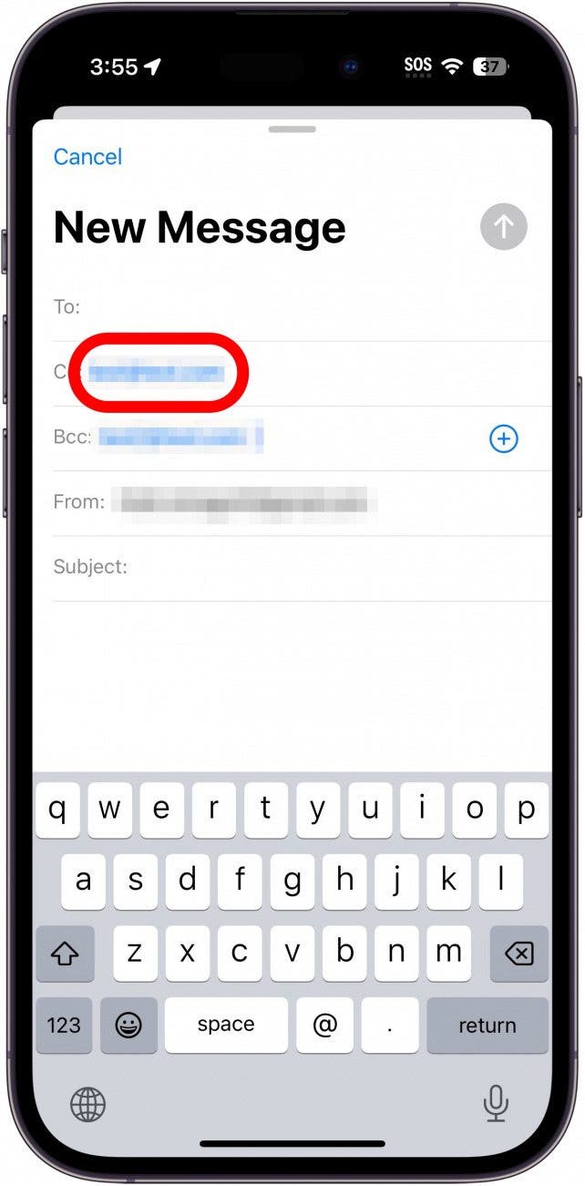 iphone mail app with email address in cc field circled in red, indicating to long press