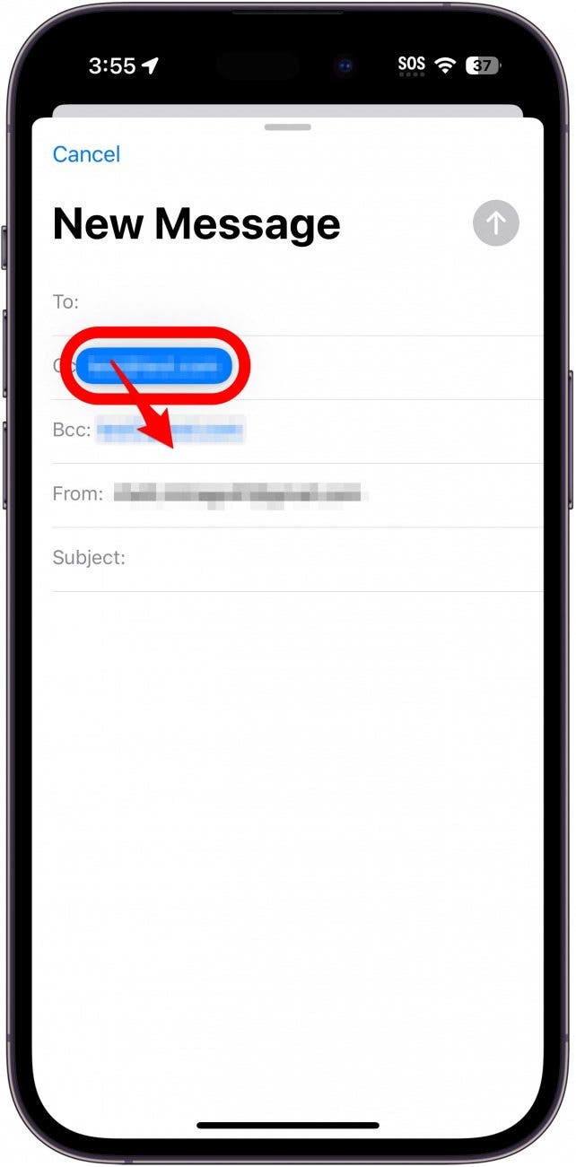 iphone mail app with email address in cc field highlighted blue and circled in red, with a red arrow pointing to the bcc field, indicating to drag it to the bcc field