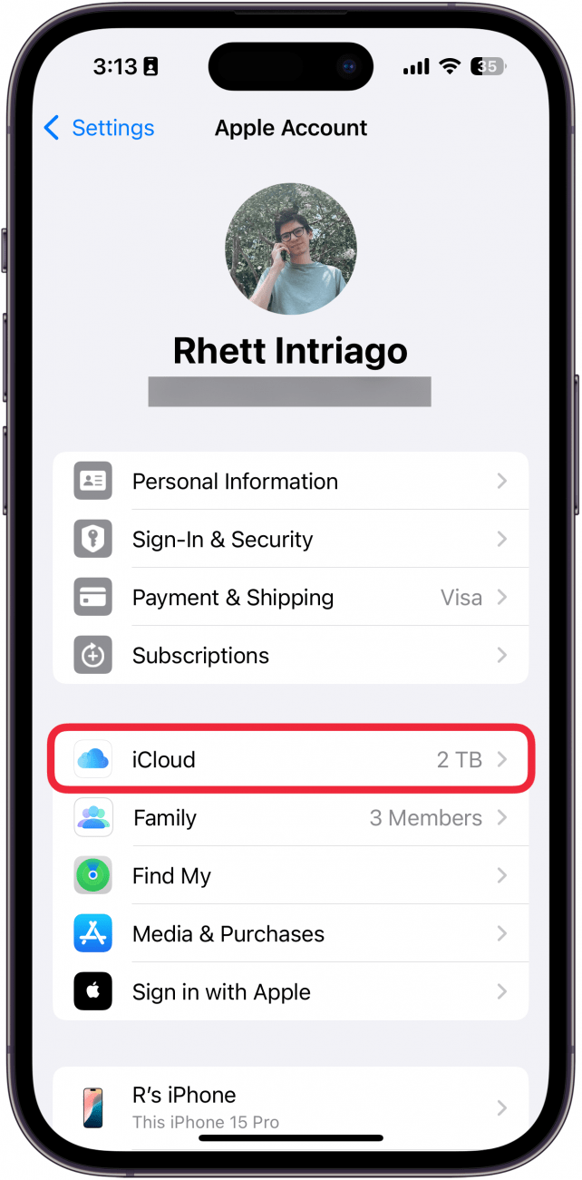 apple id settings on iphone with a red box around icloud