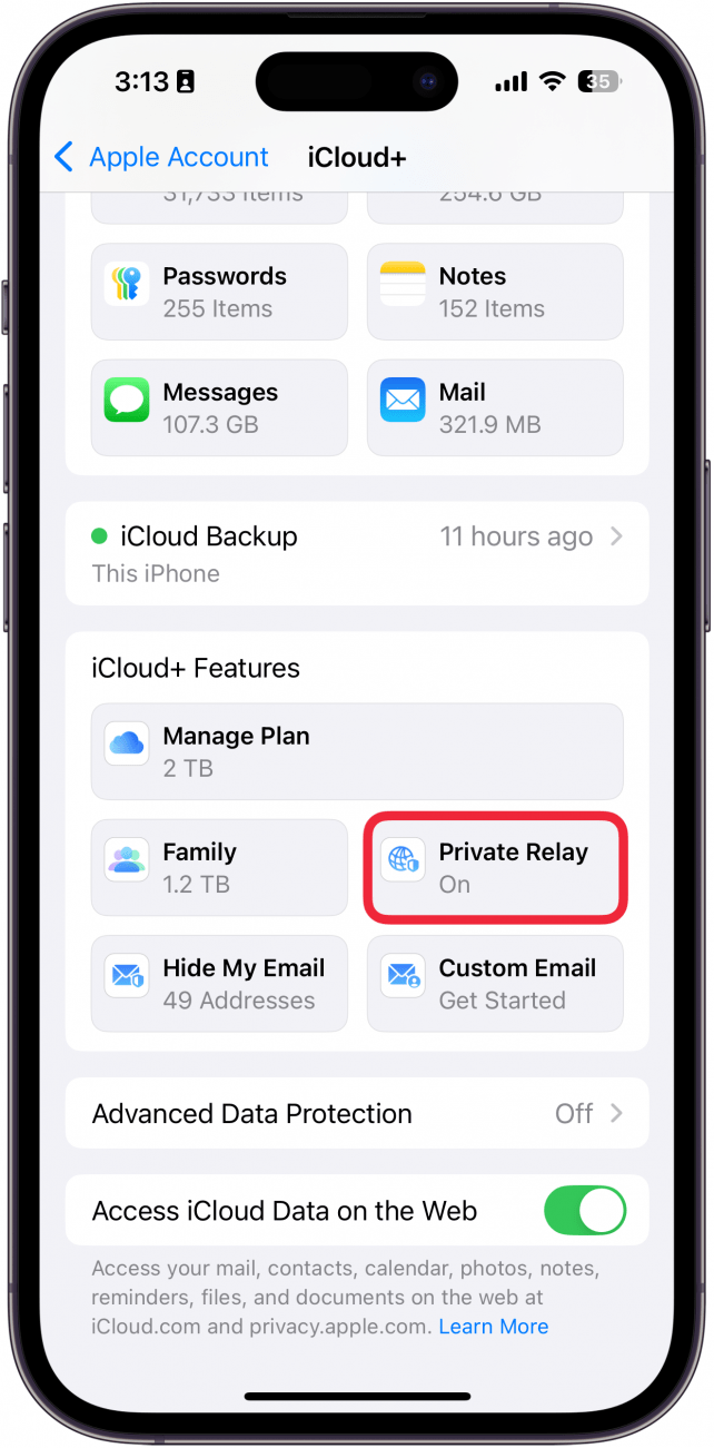 icloud settings on iphone with a red box around private relay