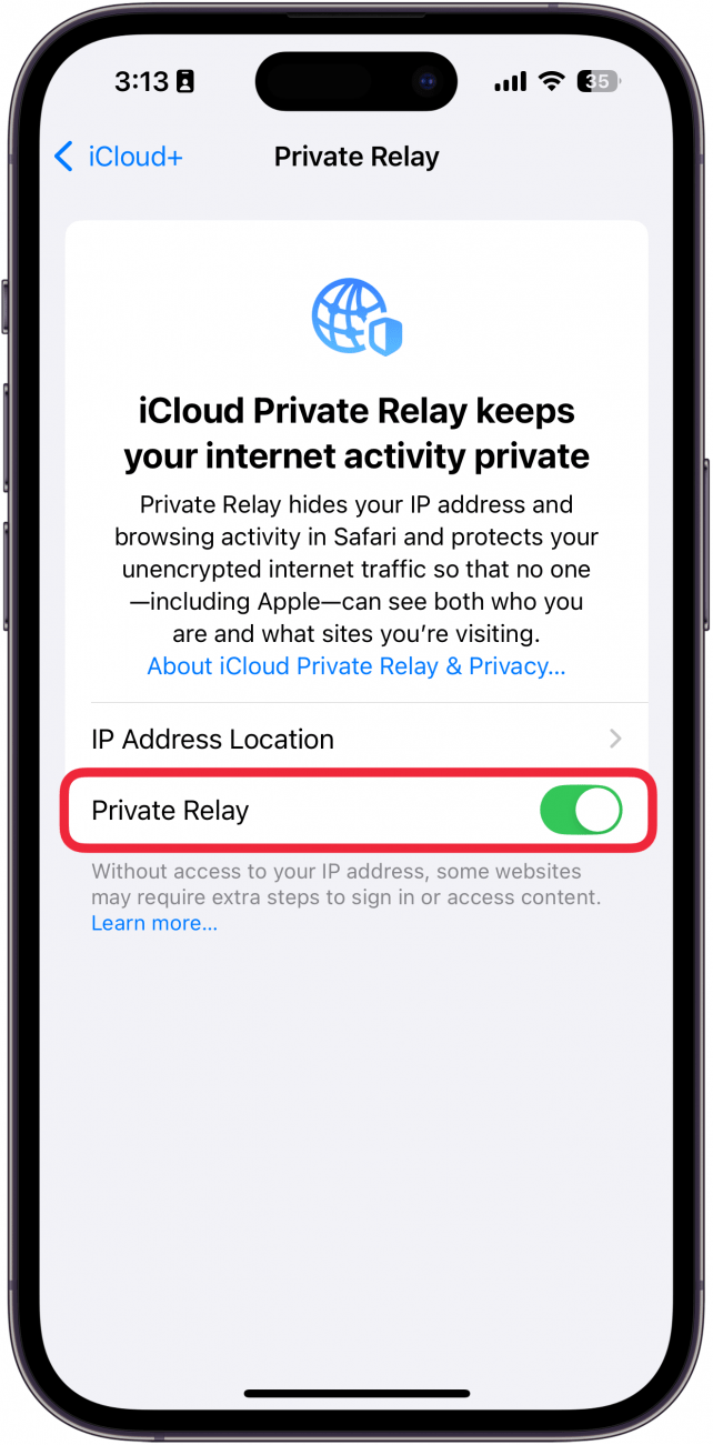 iphone private relay settings with a red box around private relay toggle