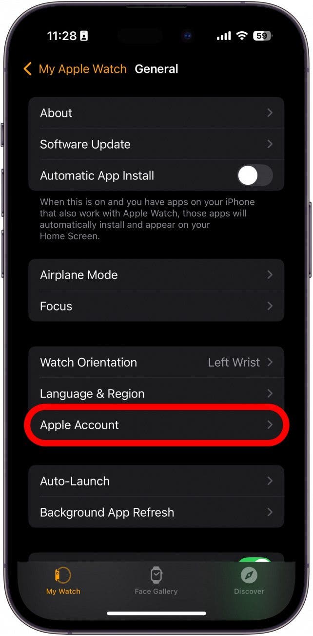 iphone watch app general settings with a red box around apple account