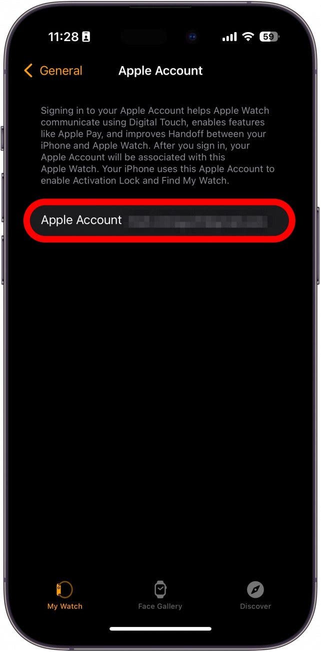 iphone watch app apple account settings with a red box around the email address for the apple account