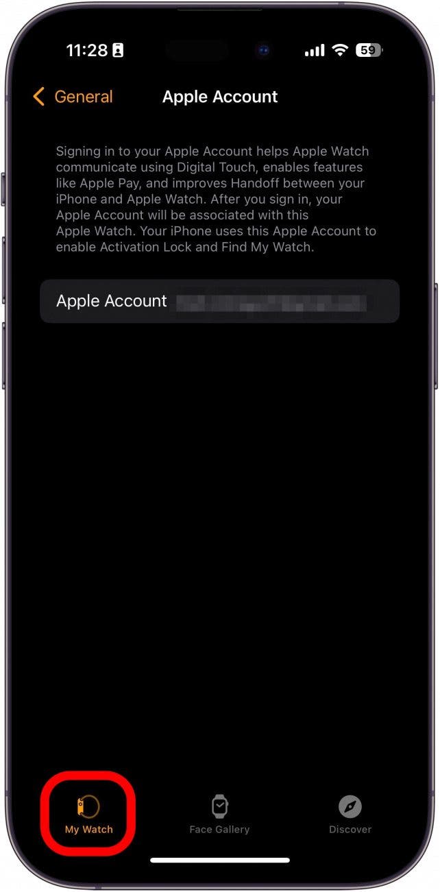 iphone watch app apple account settings with a red box around my watch tab in the lower left