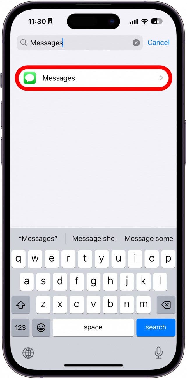 iphone settings app list with a red box around messages app