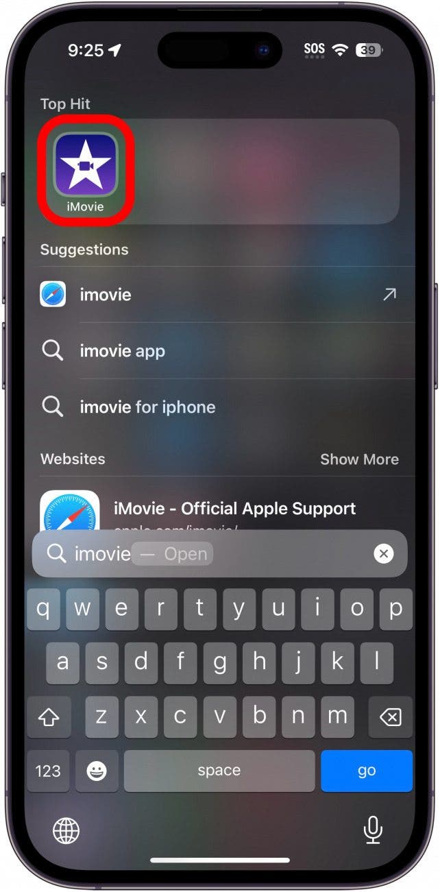 iphone spotlight search with imovie app circled in red