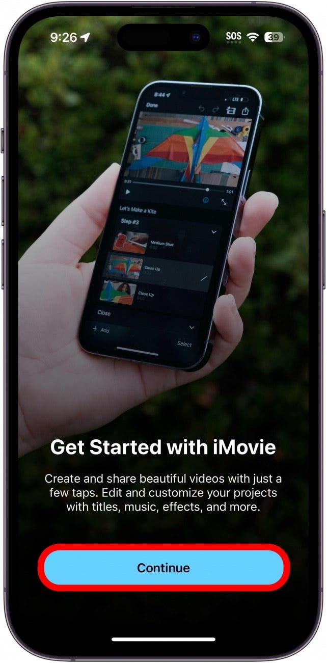 iphone imovie app with continue button circled in red