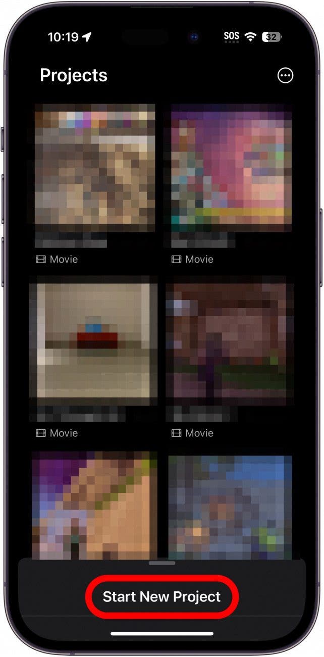 iphone imovie app with start new project button circled in red