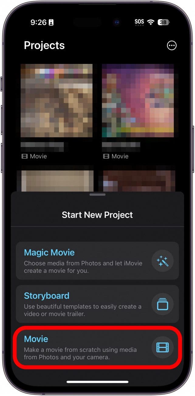 iphone imovie app with movie option circled in red