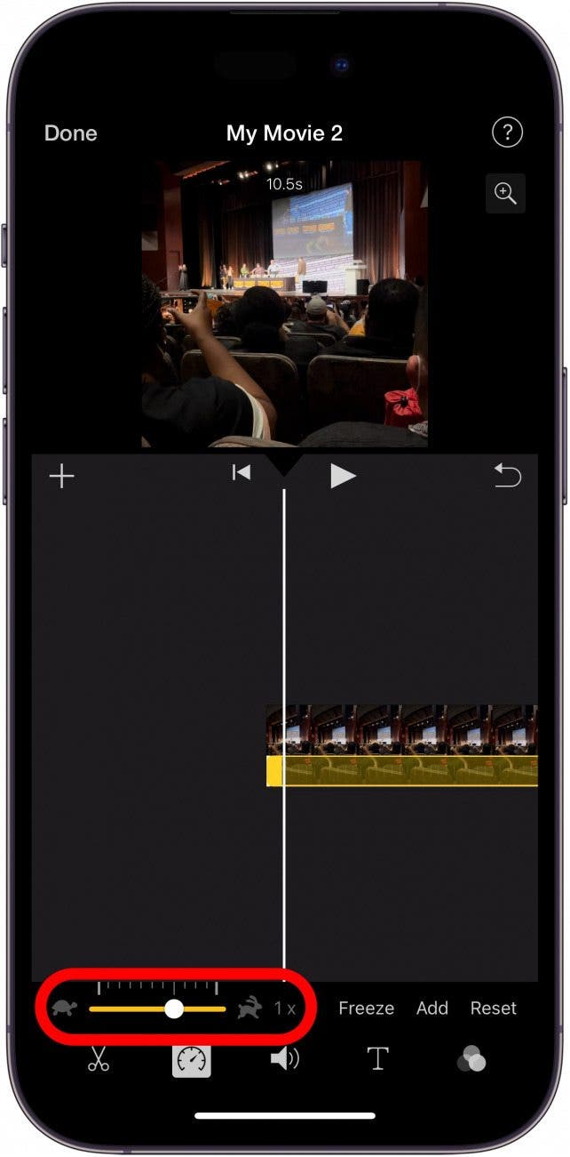 iphone imovie app with playback speed slider circled in red