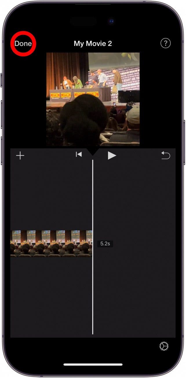 iphone imovie app timeline screen with done button circled in red