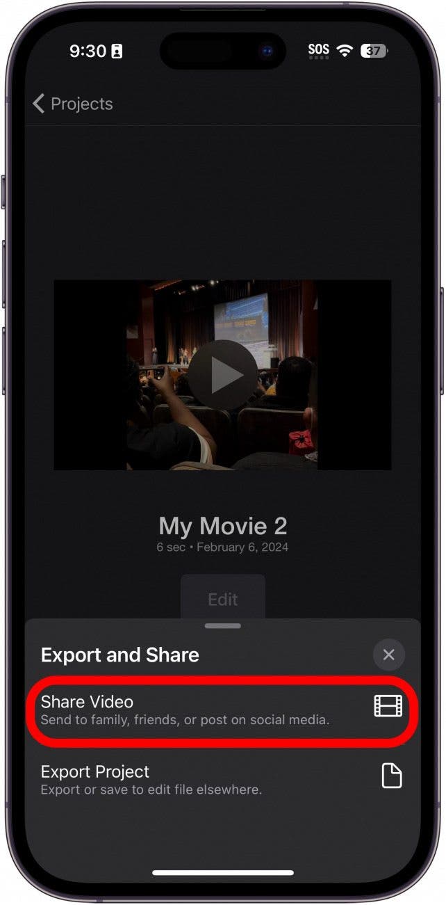 iphone imovie app export project screen with share video button circled in red