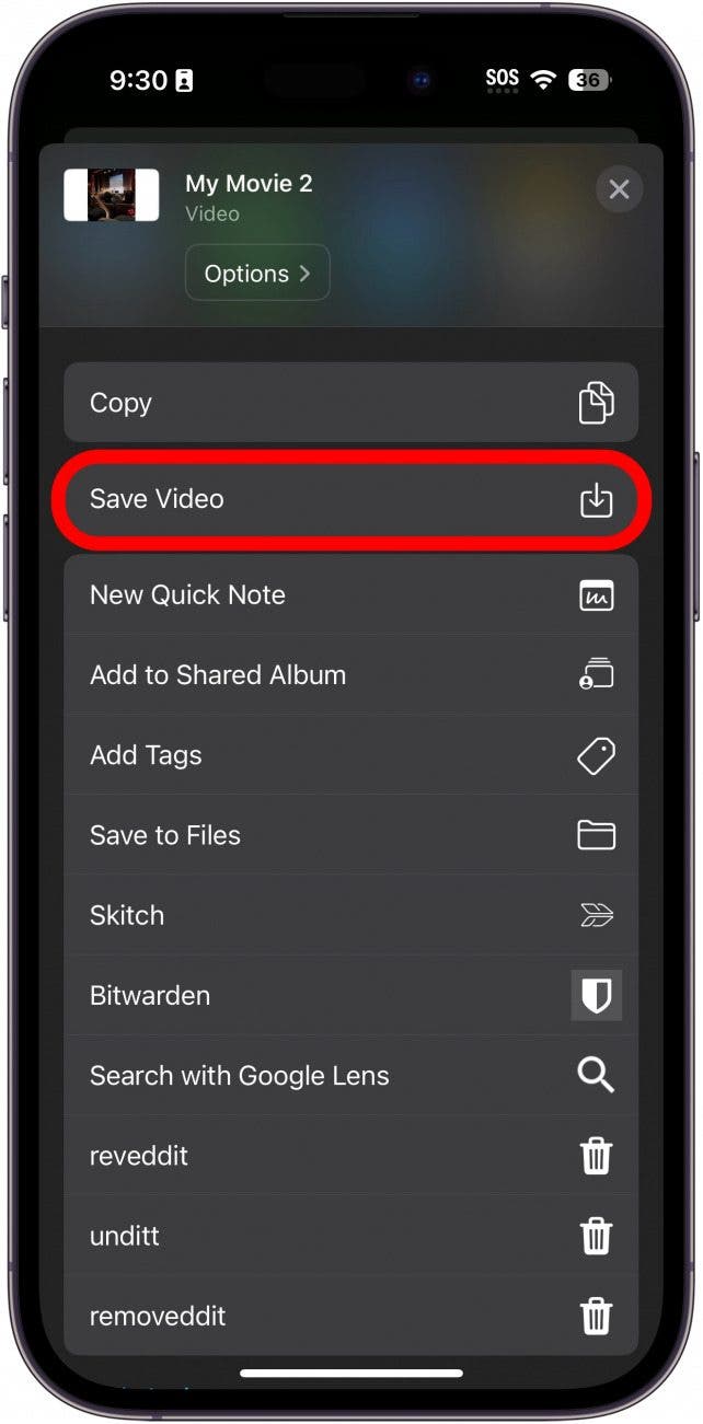 iphone imovie app export project screen with save video button circled in red