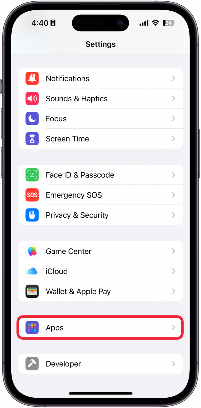 iphone settings app with a red box around apps