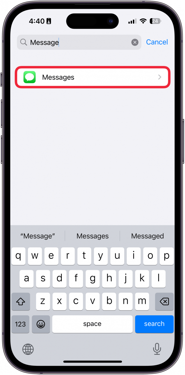 iphone settings app showing app list with a red box around messages app