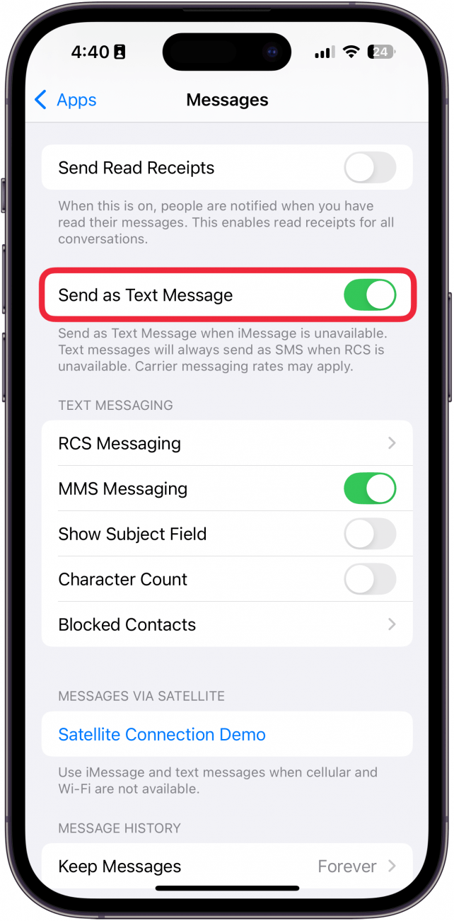 iphone settings app displaying message settings with a red box around send as text message toggle