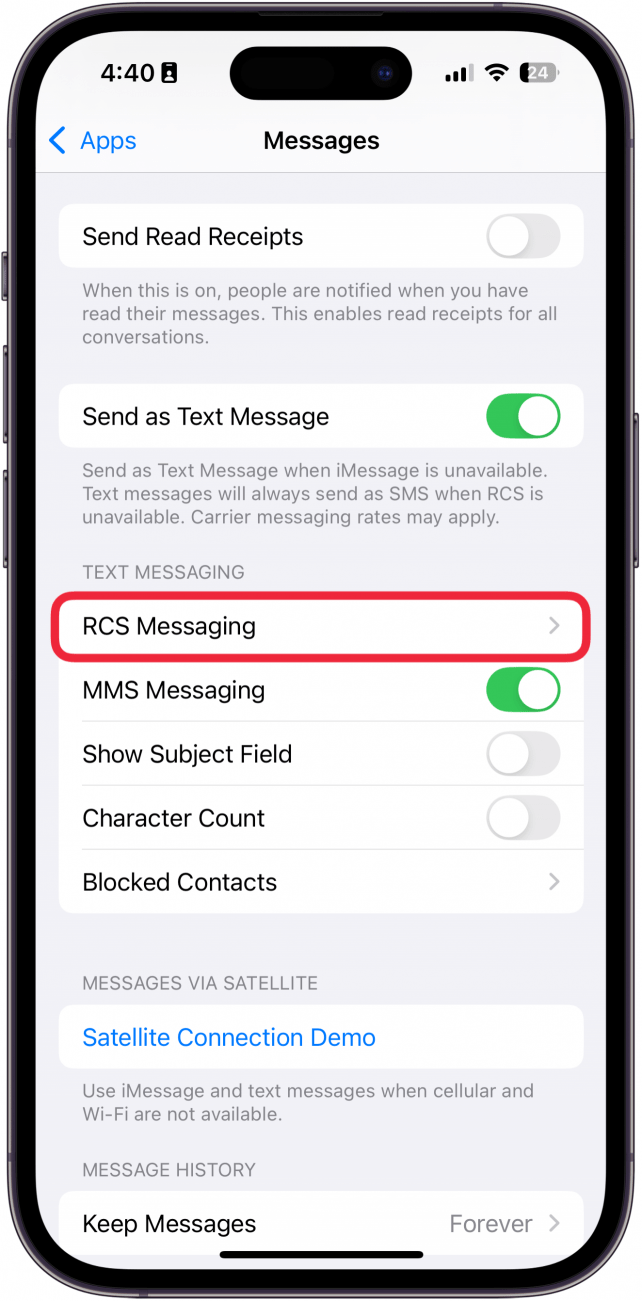 iphone settings app displaying message settings with a red box around RCS messaging