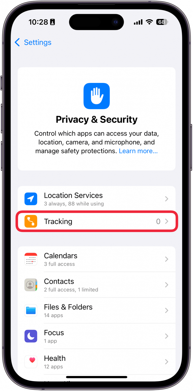 iphone privacy and security settings with a red box around tracking