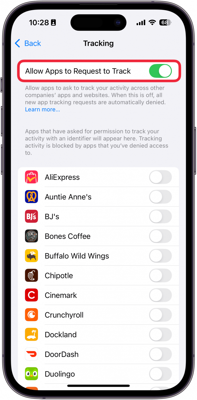 iphone tracking settings with a red box around "allow apps to request to track" toggle 