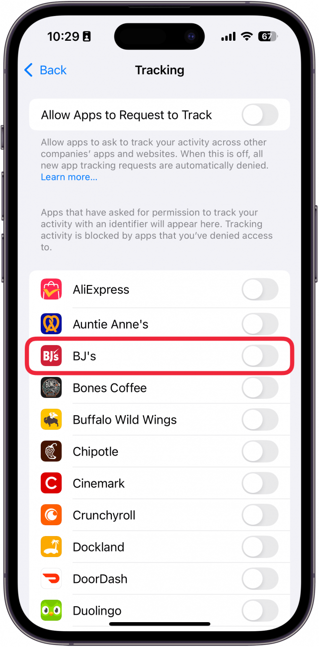 iphone tracking settings with a red box around a single app toggle