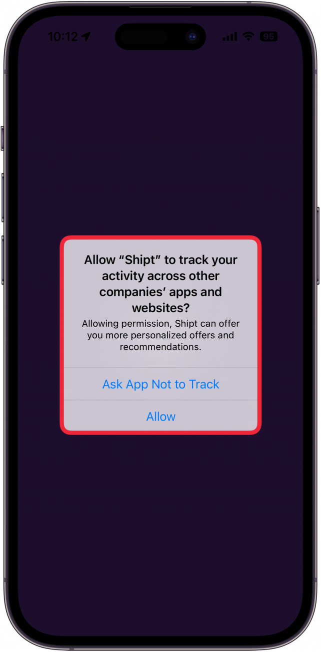 iphone app tracking pop up asking the user if they want to allow the app to track them, with a red box around the pop up