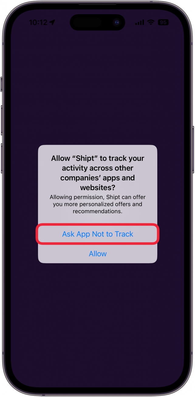 iphone app tracking pop up asking the user if they want to allow the app to track them, with a red box around ask app not to track