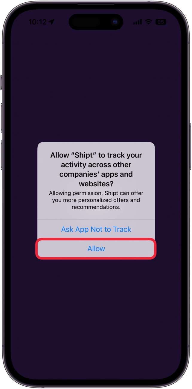 iphone app tracking pop up asking the user if they want to allow the app to track them, with a red box around allow