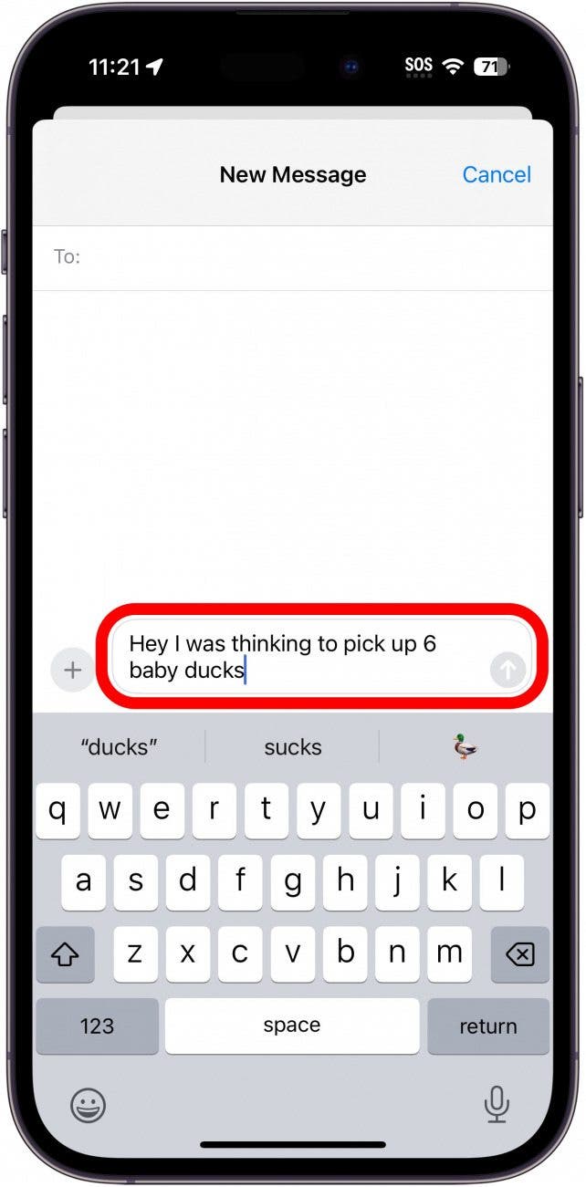 iphone text screen displaying keyboard with text field circled in red