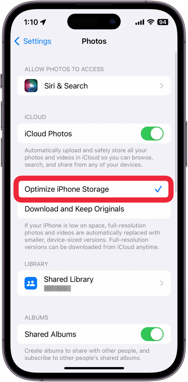 iphone photos settings with optimize iphone storage option circled in red