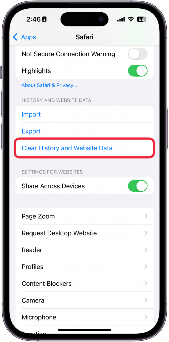 iphone safari settings with a red box around clear history and website data