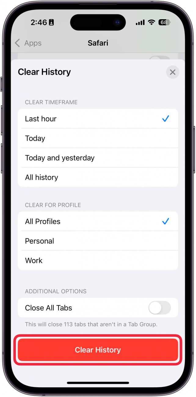 iphone clear history settings with a red box around clear history button