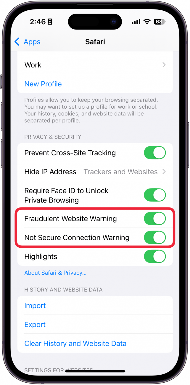 iphone safari settings with a red box around fraudulent website warning and not secure connecting warning toggles