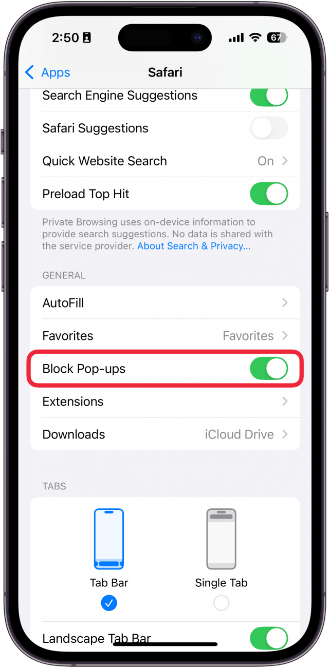 iphone safari settings with a red box around block pop ups toggle