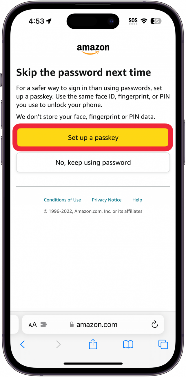 Amazon page open in Safari with Set up a passkey button circled in red