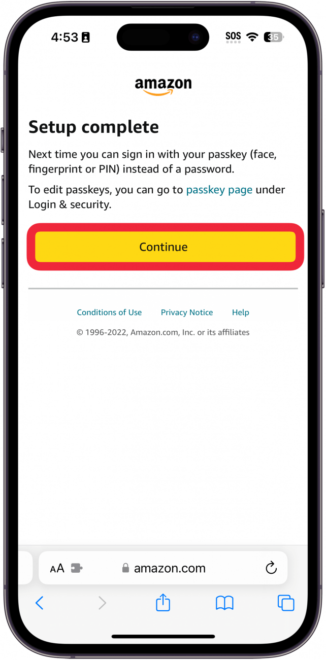 safari amazon passkey setup screen saying, "set up complete" with a red box around the continue button
