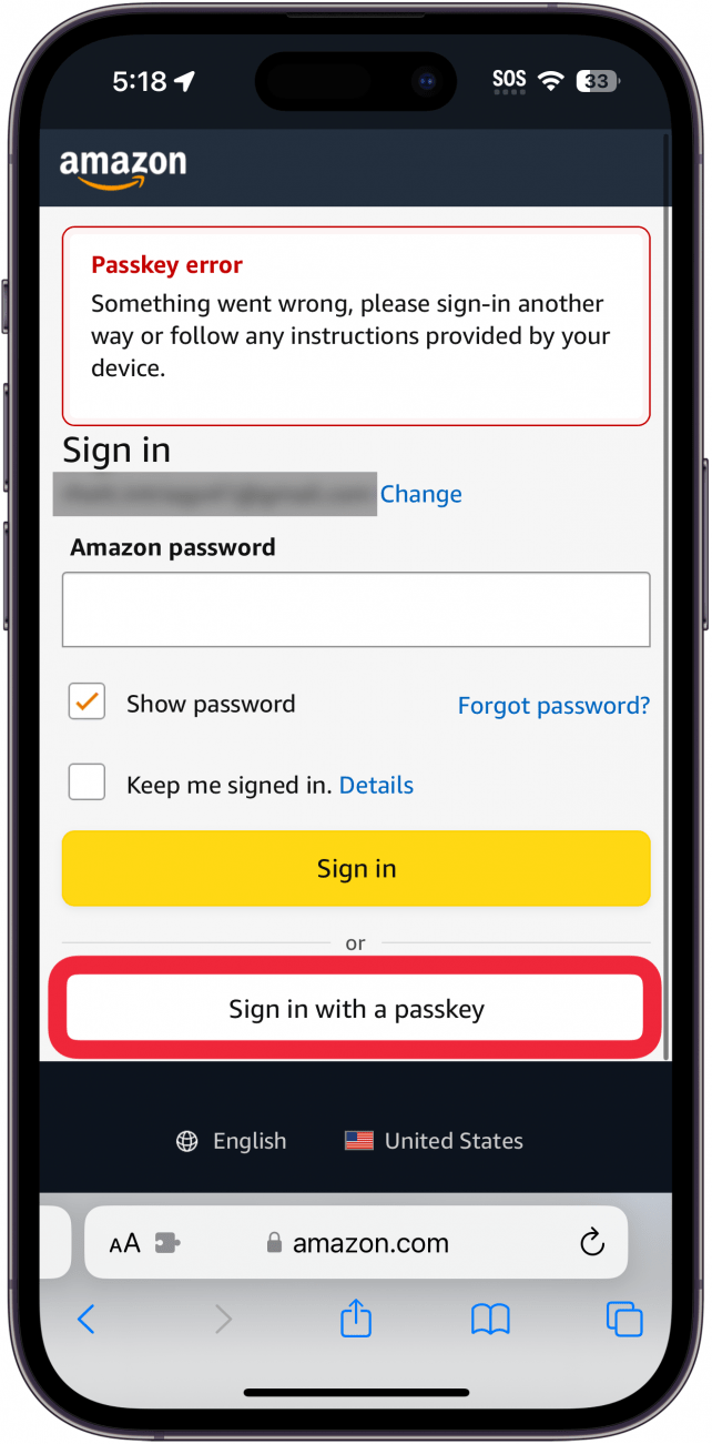 amazon login in page open in safari with Sign in with a passkey button circled in red