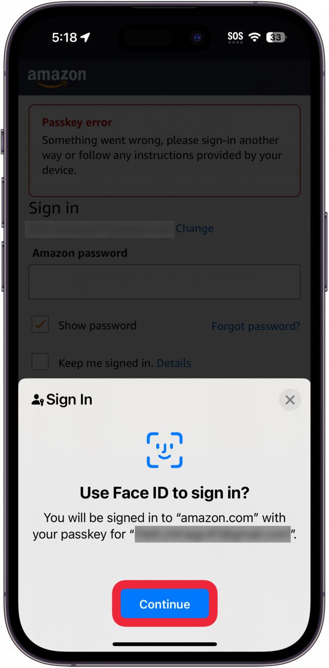 iphone passkey sign in pop up with continue button circled in red