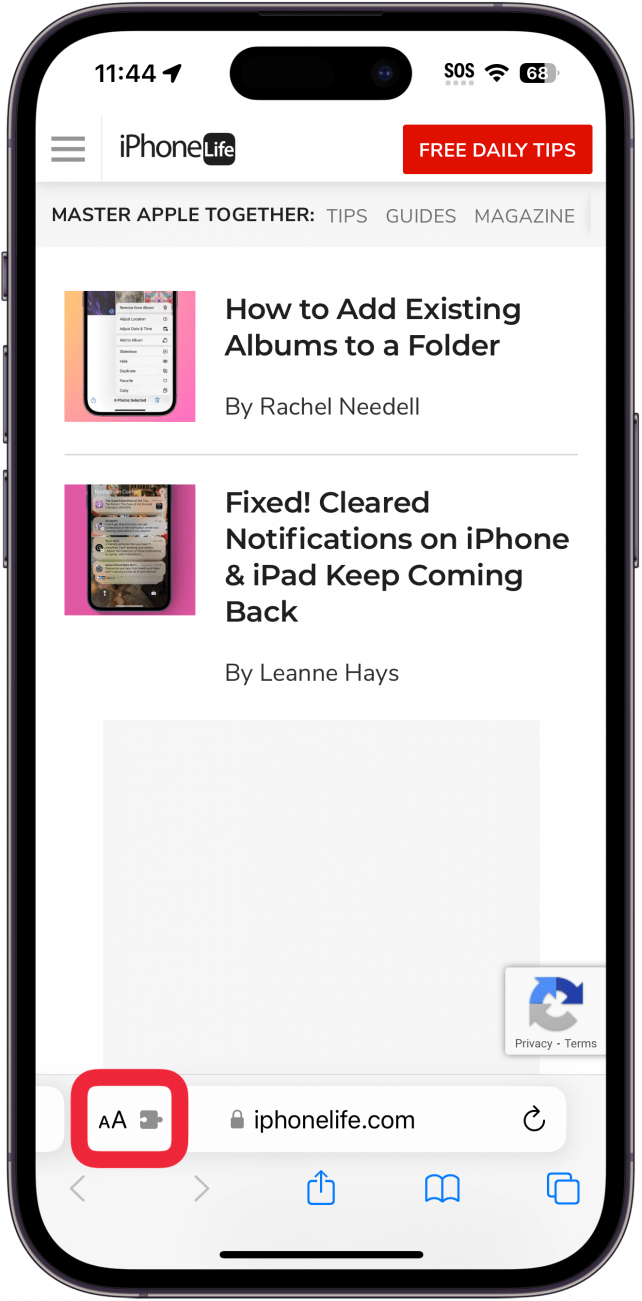 iphone safari with a red box around the reader view icon