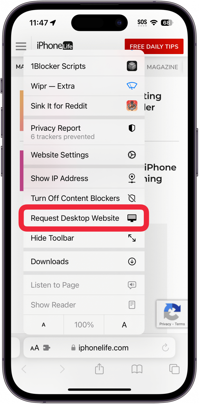 iphone safari reader view menu with request desktop website button circled in red