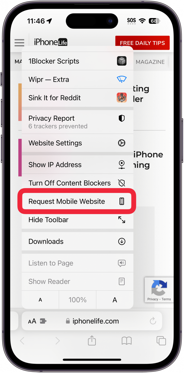 iphone safari reader view menu with request mobile website button circled in red