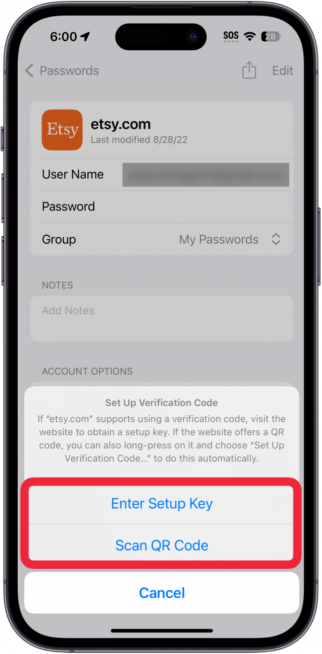 iphone passwords screen displaying etsy account information with Enter Setup Key or Scan QR Code buttons circled in red