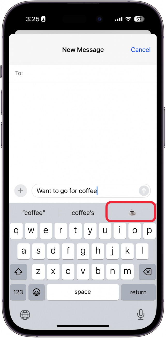 iphone messages app with a red box around coffee emoji in the predictive text bar