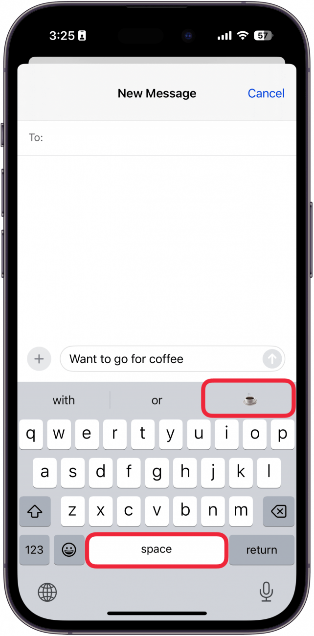 iphone messages app with a red box around coffee emoji in the predictive text bar and a red box around the space bar