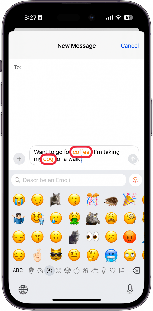 iphone messages app displaying emoji keyboard with red boxes around the words coffee and dog